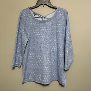 T by Talbots Women Blouse L Blue‎ White Twist Back Top in Dot Jacquard Polka Dot